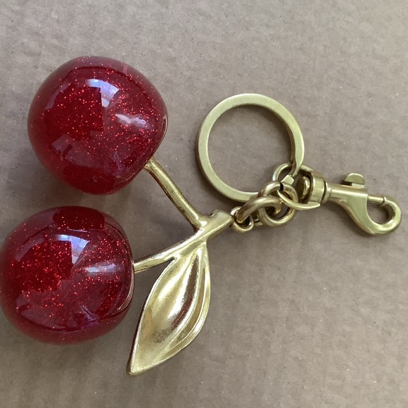 Cherry Keychain Accessories - Gold Cherry Key & Card Holder Charm - Red Glitter Berries